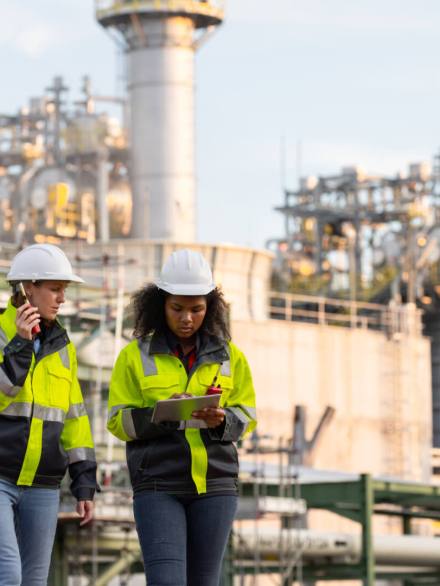 Two female engineers in high-visibility jackets and hard hats conducting a field inspection at an industrial plant with refinery structures in the background, ensuring workplace safety and efficiency